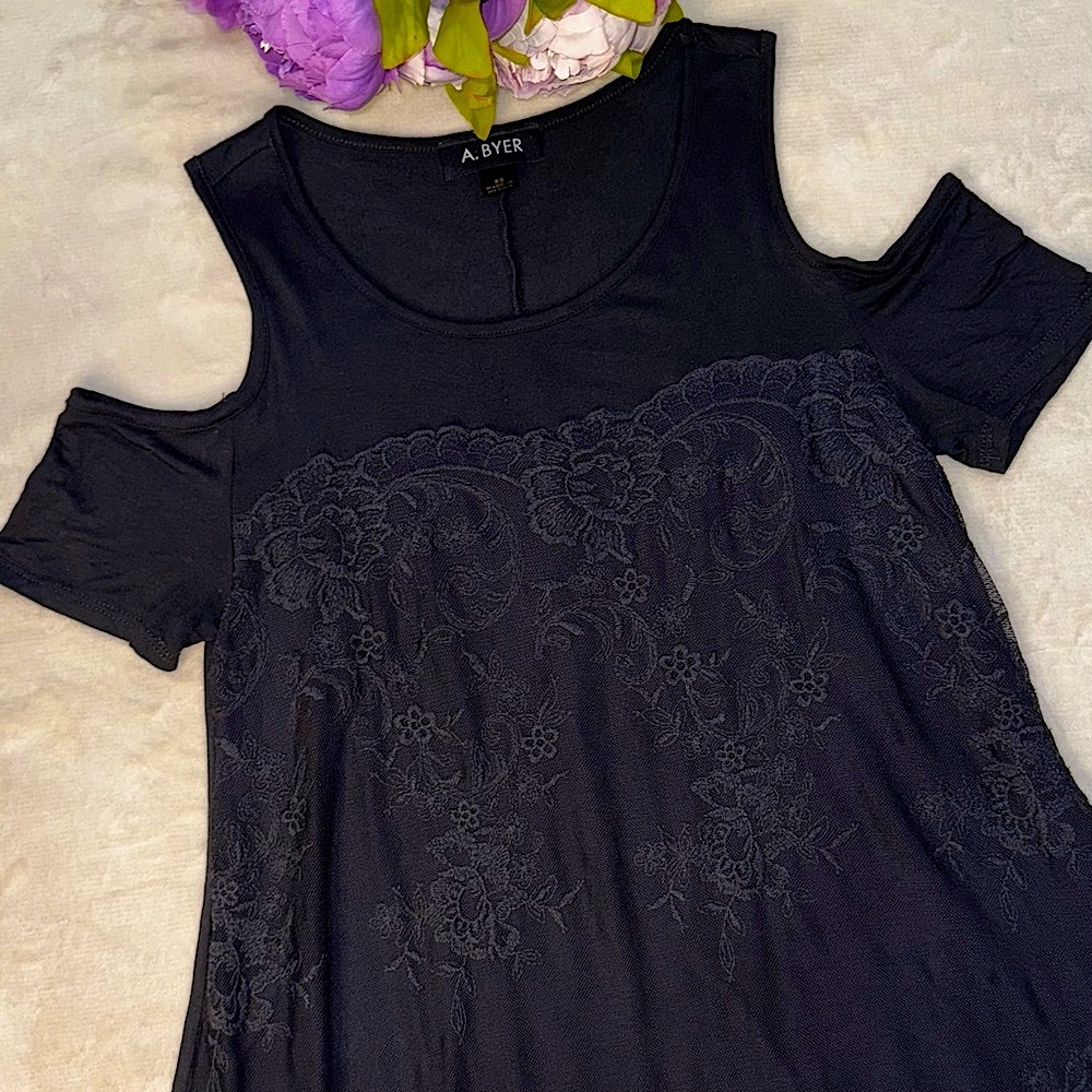 A. Byer Black Lace Cold Shoulder Blouse